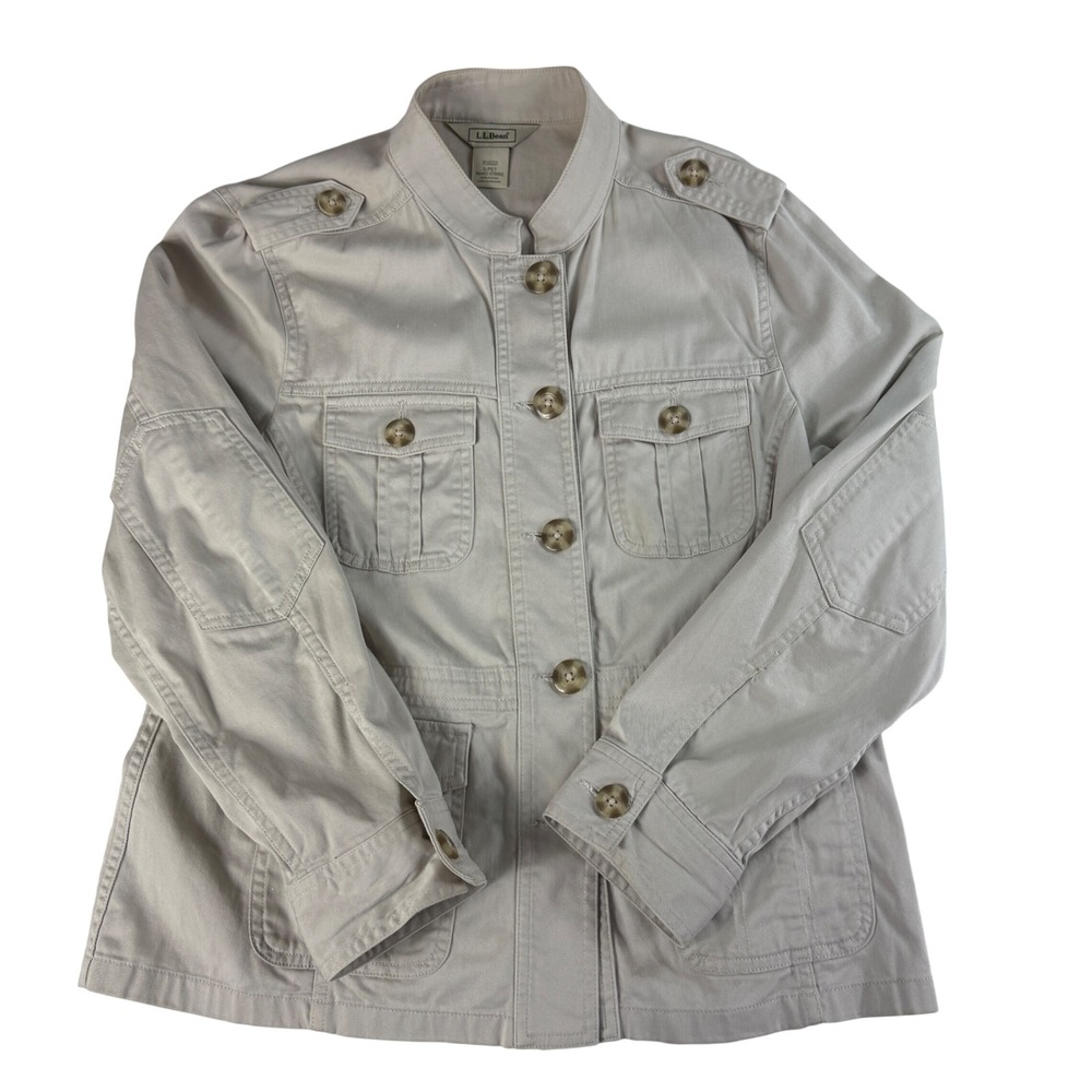 L.L. Bean Womens Small Petite Utility Safari Field Jacket Tan Beige Cotton